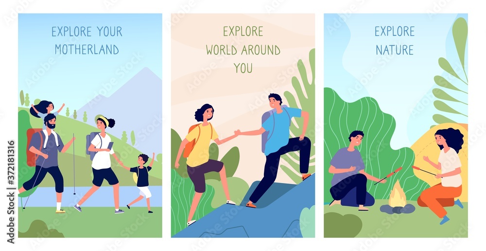 Naklejka premium People exploring. Domestic tourism, travel in motherland cards. Man woman hiking trekking and camping background. Cartoon landscape with travellers vector illustration. Tourism adventure hiking