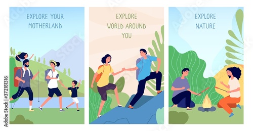 People exploring. Domestic tourism, travel in motherland cards. Man woman hiking trekking and camping background. Cartoon landscape with travellers vector illustration. Tourism adventure hiking