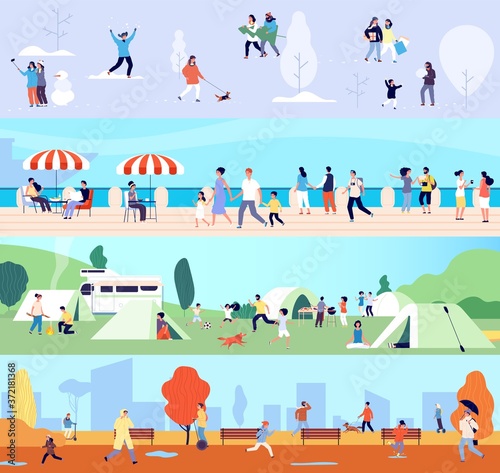 People outdoor activities. Seasonal walking man woman children. Winter summer autumn and spring time banners with tiny characters. Camping vacations, seafront walk vector illustration