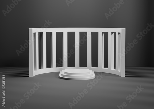 3D render or illustration, Podium or stairs on blank background for product display. White on black background. 