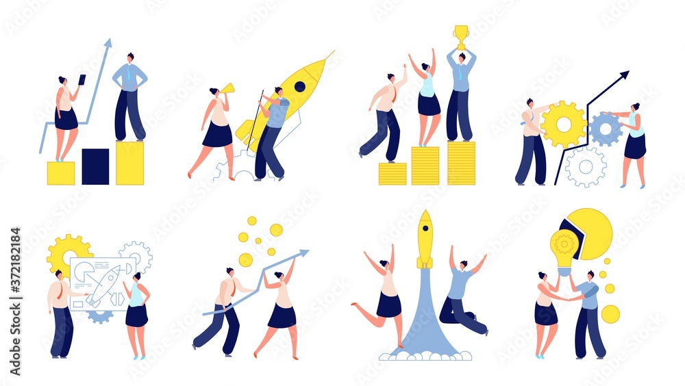 Successful business startup. People boosting, idea start and accelerating innovation development. Modern creative team vector illustration. Startup teamwork, strategy idea and partnership