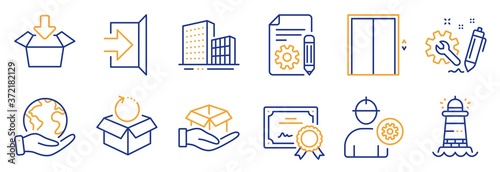 Set of Industrial icons, such as Return package, Hold box. Certificate, save planet. Exit, Get box, Engineer. Engineering, Documentation, Buildings. Lighthouse, Lift line icons. Vector