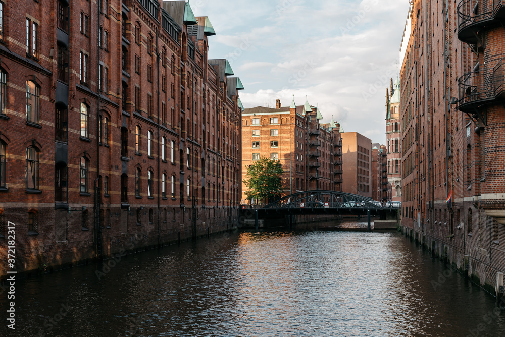 The Warehouse District or Speicherstadt in Hamburg. Wandrahmsfleet canal