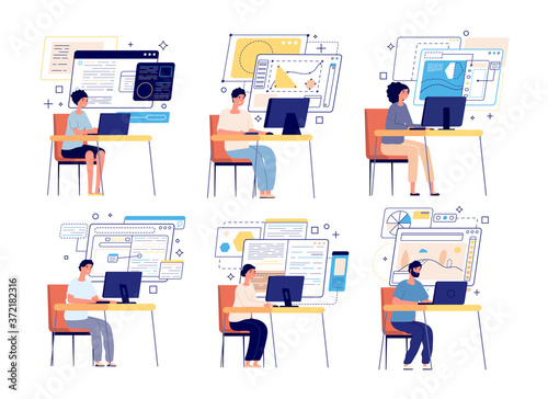 Programmers and developers. Computer game designer, web graphics or content managers. Professional software develop team set. Developer and programmer, software coding and programming illustration
