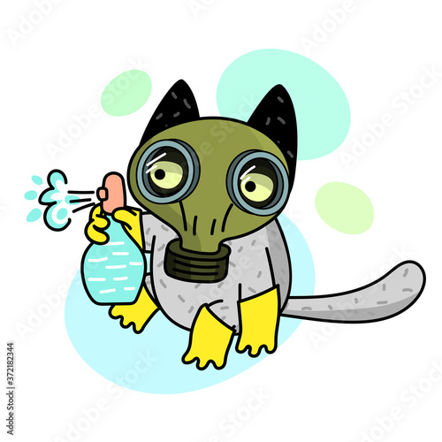 Concept of quarantine. Cartoon cat in gas mask and holds disinfector.