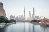 Shanghai skyline and Waibaidu bridge, China