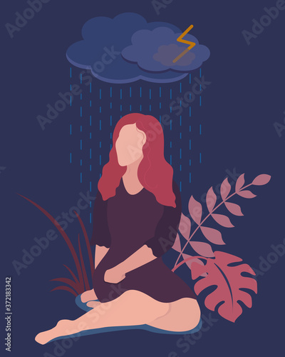 Vector illustration of a sad young woman sitting under a cloud and rain. Depression and melancholy concept. Flat illustration