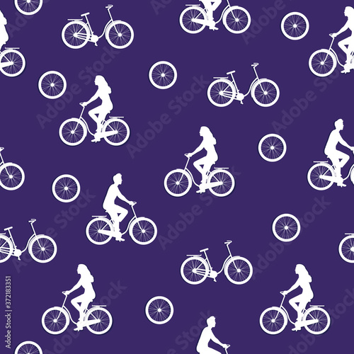 Seamless pattern with cyclists on a purple background. Paper cut effect. For the design of textiles, printing products, wallpaper, clothing, wrapping paper and more