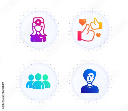 Like, Group and Oculist doctor icons simple set. Button with halftone dots. Businesswoman person sign. Thumbs up, Group of users, Optometrist. Female user. People set. Gradient flat like icon. Vector