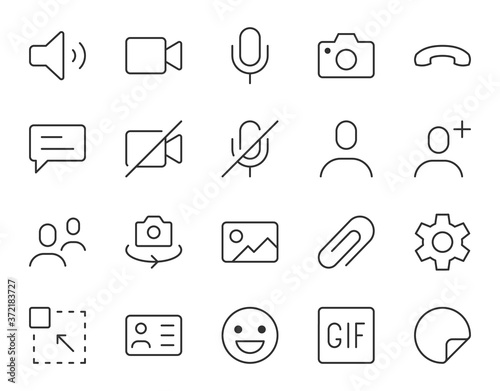 Videocall line icon. Minimal vector illustration, simple outline icons - chat, message, microphone, turn camera, conference and other thin pictogram for video call interface. Editable Stroke