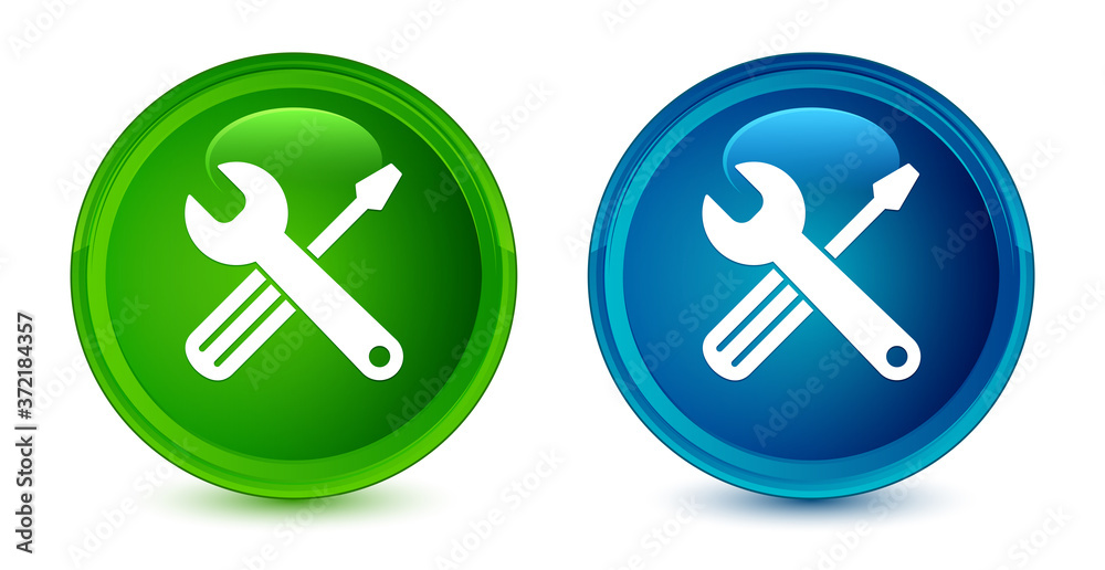 Tools icon artistic shiny glossy blue and green round button set Tools icon artistic shiny glossy blue and green round button set
