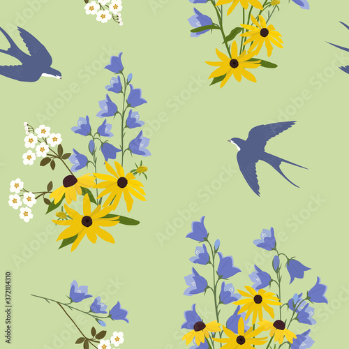 Seamless summer vector illustration with daisies  campanula and swallows.