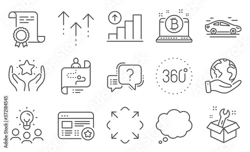 Set of Technology icons, such as Journey path, 360 degrees. Diploma, ideas, save planet. Question mark, Maximize, Ranking. Favorite, Swipe up, Car. Graph chart, Comic message, Bitcoin. Vector