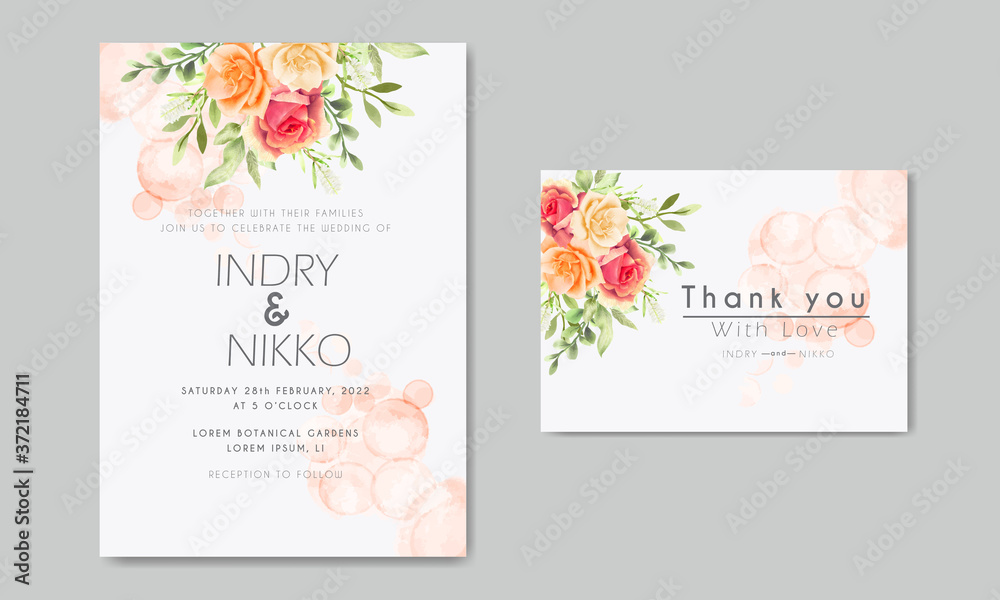 beautiful and elegant watercolor wedding invitation cards with flower and leaves