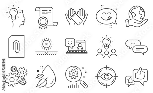 Set of Business icons, such as Eye target, Smartphone holding. Diploma, ideas, save planet. Smile, Cogwheel, Like. Search statistics, Water drop, No sun. Attachment, Dots message, Idea. Vector