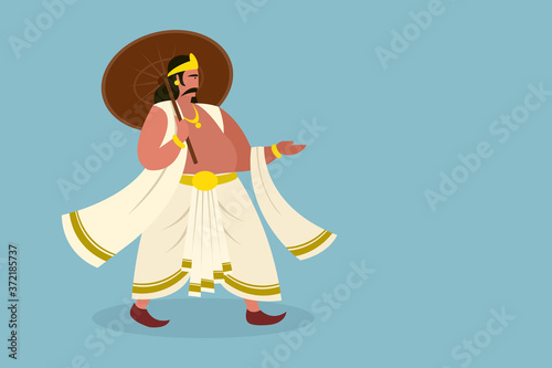Illustration of King 'Mahabali' holding umbrella with copy space. Mahabali is the icon of Onam festival of Kerala in India