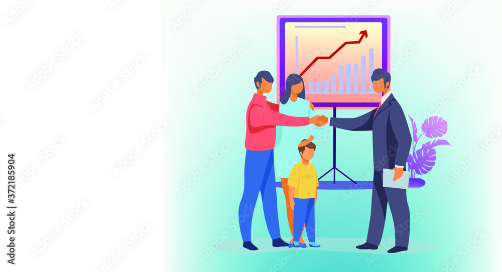 family and agent dealing picture and chart behind them vector template design