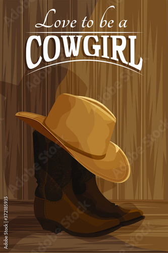 Illustrated vector poster with a cowboy hat and cowboy boots on a wooden background
