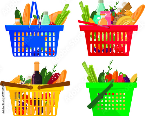 Full different shopping basket of market food and products icons set. Organic fruit, vegetables and supermarket products. Vector