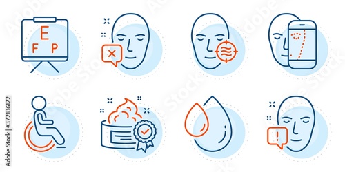 Oil drop, Cream and Disabled signs. Vision board, Face attention and Problem skin line icons set. Face declined symbol. Eye check, Exclamation mark. Medical set. Outline icons set. Vector
