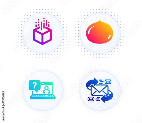 Augmented reality, Faq and Macadamia nut icons simple set. Button with halftone dots. E-mail sign. Virtual reality, Web support, Vegetarian food. Communication by letters. Business set. Vector