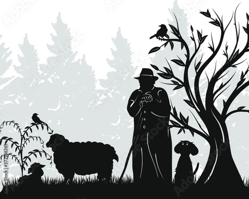 Vector silhouette of a shepherd with his sheep and dog with trees and bushes.