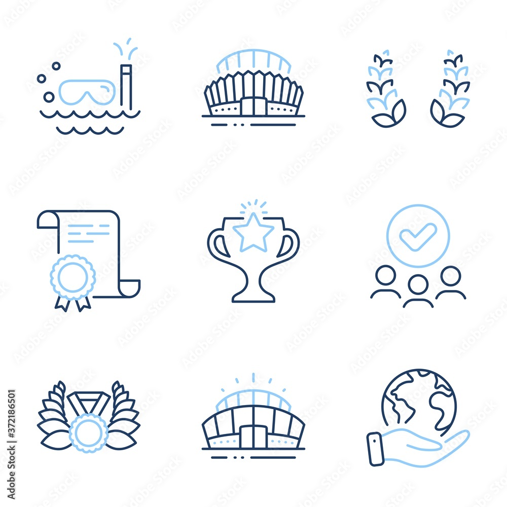 Laurel wreath, Laureate medal and Arena stadium line icons set. Diploma ...