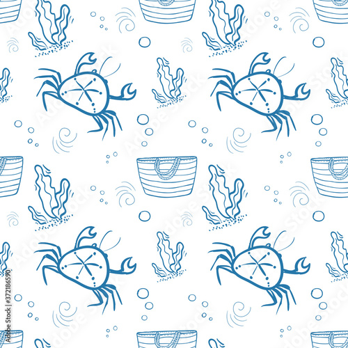 Seamless pattern Blue summer bag with stripes and crab, seaweed