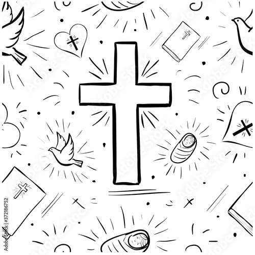 Seamless pattern doodle Christian art - bible, cross, child, heart, dove