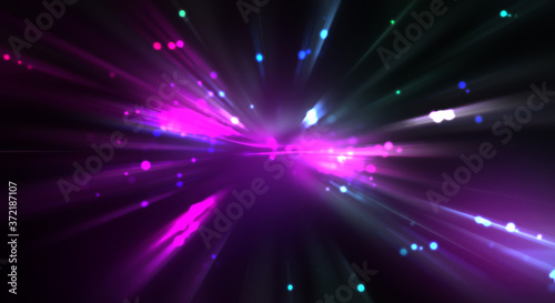 Dynamic moving burst of light. Beautiful shinning background of colorful lights. Vibrant energy display of a star with glowing light rays and particles.