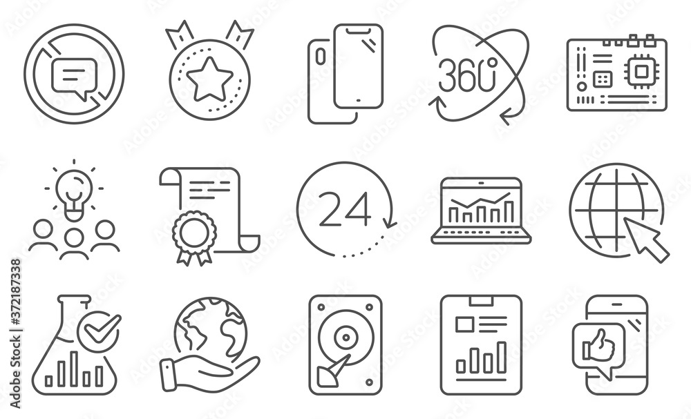 Set of Technology icons, such as Web analytics, Motherboard. Diploma, ideas, save planet. Chemistry lab, Mobile like, Hdd. Smartphone, Internet, Report document. Vector