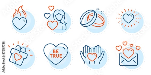 Wedding rings, Be true and Love mail signs. Heart, Hold heart and Love line icons set. Friendship, Valentines letter. Love set. Outline icons set. Ð¡ircle with dashed line. Vector
