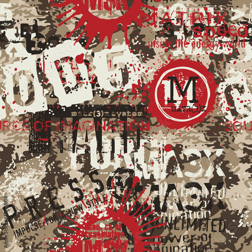 Urban abstract graffiti with camouflage background grunge vector seamless pattern