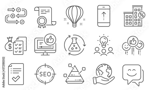 Set of Technology icons, such as Survey progress, Smile face. Diploma, ideas, save planet. Air balloon, Approved checklist, Loan house. Chemistry experiment, Accounting wealth, Like video. Vector
