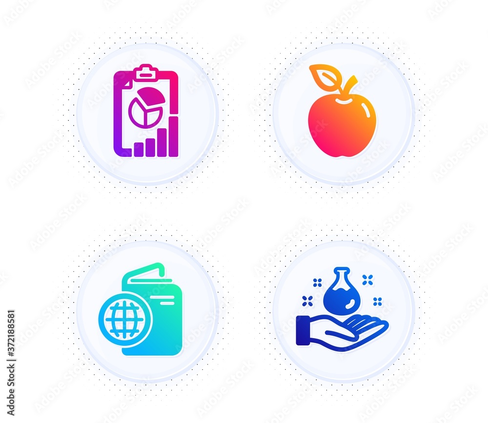 Travel passport, Report and Apple icons simple set. Button with halftone dots. Chemistry lab sign. Trip document, Presentation chart, Fruit. Laboratory. Business set. Vector