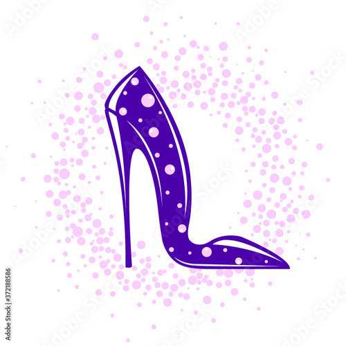 High heel stiletto shoe with decorative dots.Footwear logo isolated on white background.Fashion and style icon.Elegant, luxury, feminine design.