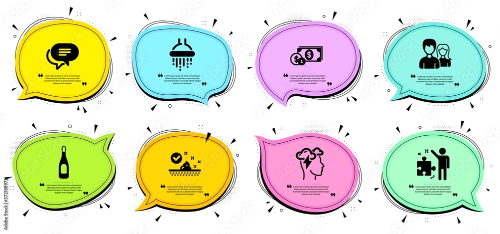 Dollar money, Mindfulness stress and Shower signs. Chat bubbles with quotes. Couple, Strategy and Champagne line icons set. Text message, Skin care symbols. Male and female, Business plan. Vector Dollar money, Mindfulness stress and Shower signs. Chat bubbles with quotes. Couple, Strategy and Champagne line icons set. Text message, Skin care symbols. Male and female, Business plan. Vector