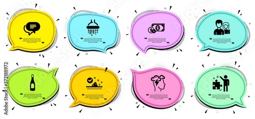 Dollar money, Mindfulness stress and Shower signs. Chat bubbles with quotes. Couple, Strategy and Champagne line icons set. Text message, Skin care symbols. Male and female, Business plan. Vector