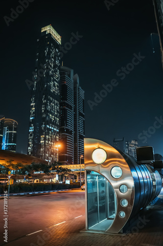 Photography Air conditioned public bus stop in Dubai at night, UNITED ARAB EMIRATES