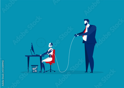Businessman controlling a robot at office desk with And Set Robot Using Remote Control business concept.