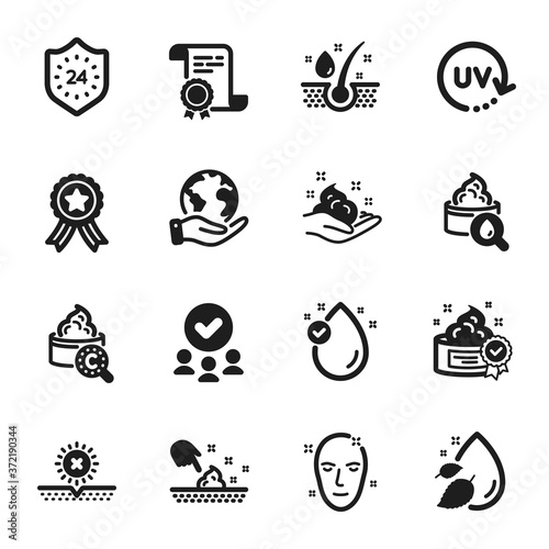 Set of Beauty icons, such as No sun, Skin moisture. Certificate, approved group, save planet. Skin care, Vitamin e, Serum oil. Uv protection, Moisturizing cream, Water drop. Vector © blankstock