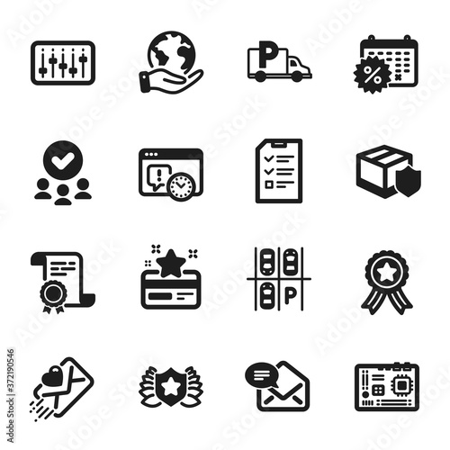 Set of Business icons, such as Laureate, New mail. Certificate, approved group, save planet. Truck parking, Project deadline, Motherboard. Calendar discounts, Interview, Love letter. Vector