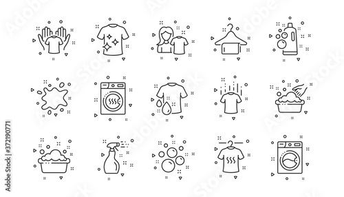 Dryer, Washing machine and dirt shirt. Laundry line icons. Laundromat, hand washing, laundry service icons. Linear set. Geometric elements. Quality signs set. Vector