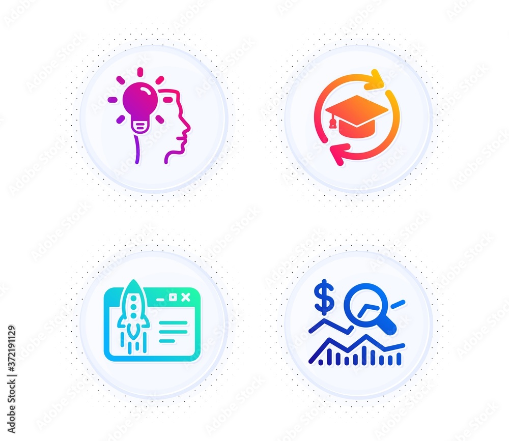 Start business, Idea and Continuing education icons simple set. Button with halftone dots. Check investment sign. Launch idea, Professional job, Online education. Business report. Vector