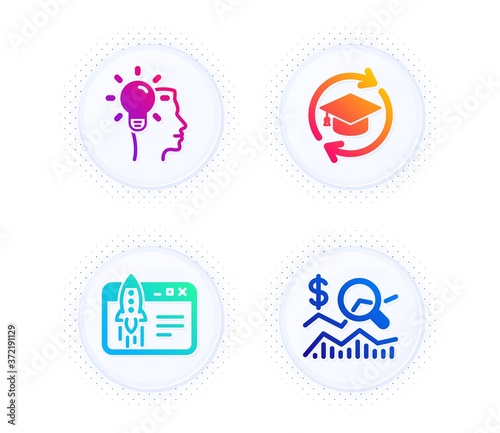 Start business, Idea and Continuing education icons simple set. Button with halftone dots. Check investment sign. Launch idea, Professional job, Online education. Business report. Vector