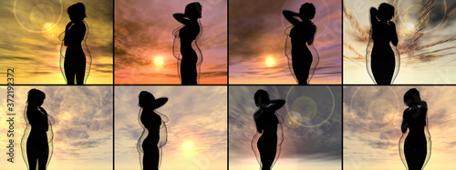 Fotografie Conceptual fat overweight obese female vs slim fit healthy body after weight loss or diet with muscles thin young woman over sunset