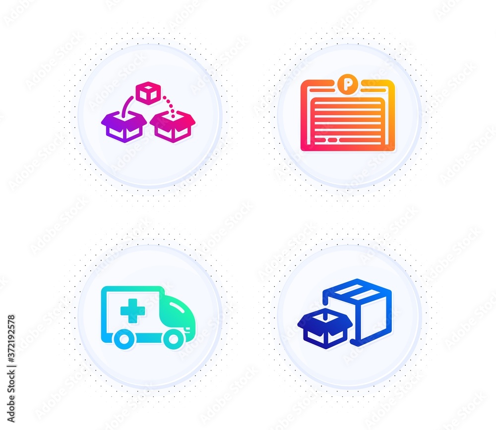 Parcel shipping, Parking garage and Ambulance emergency icons simple set. Button with halftone dots. Packing boxes sign. Send box, Automatic door, Medical transport. Delivery box. Vector Parcel shipping, Parking garage and Ambulance emergency icons simple set. Button with halftone dots. Packing boxes sign. Send box, Automatic door, Medical transport. Delivery box. Vector