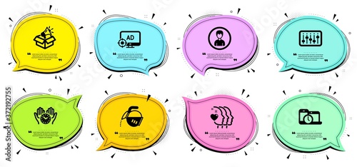 Time management, Megaphone box and Seo adblock signs. Chat bubbles with quotes. Person, Coffee pot and Dj controller line icons set. Safe time, Friends couple symbols. Edit profile, Tea drink. Vector