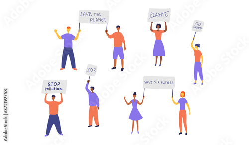 Eco activists staged protest. People protesting against environmental pollution. Men and women with placards went on strike. Green organization protects nature. Vector flat illustration