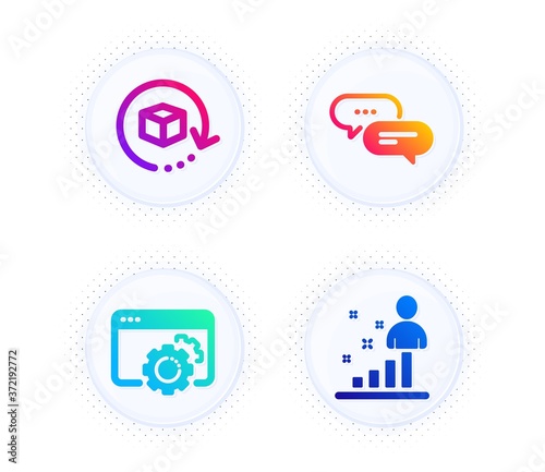 Dots message, Return package and Seo gear icons simple set. Button with halftone dots. Stats sign. Chat bubble, Exchange goods, Settings. Business analysis. Business set. Vector